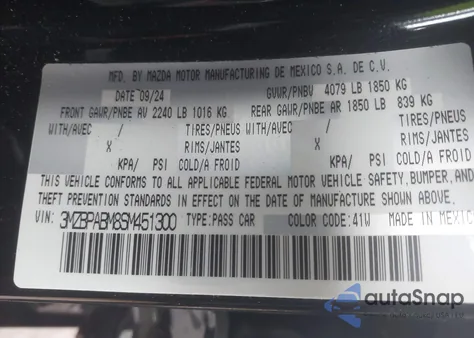 2025 Mazda Mazda3 2.5 S Select Sport z USA, uszkodzony, nr VIN 3MZBPABM8SM451300